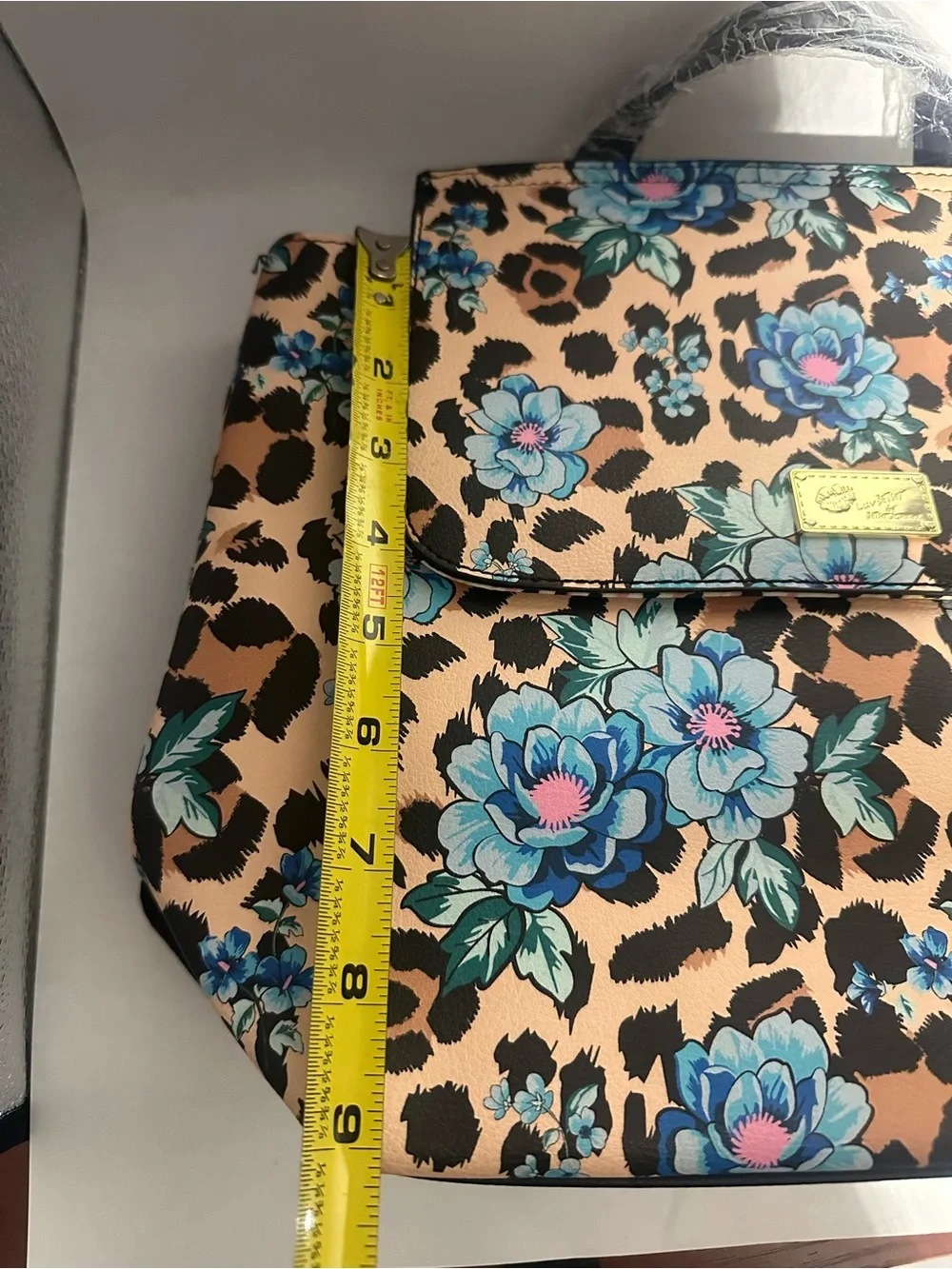 Betsy Johnson Floral Leopard Print Top-Handle Satchel - Blue Floral on Tan